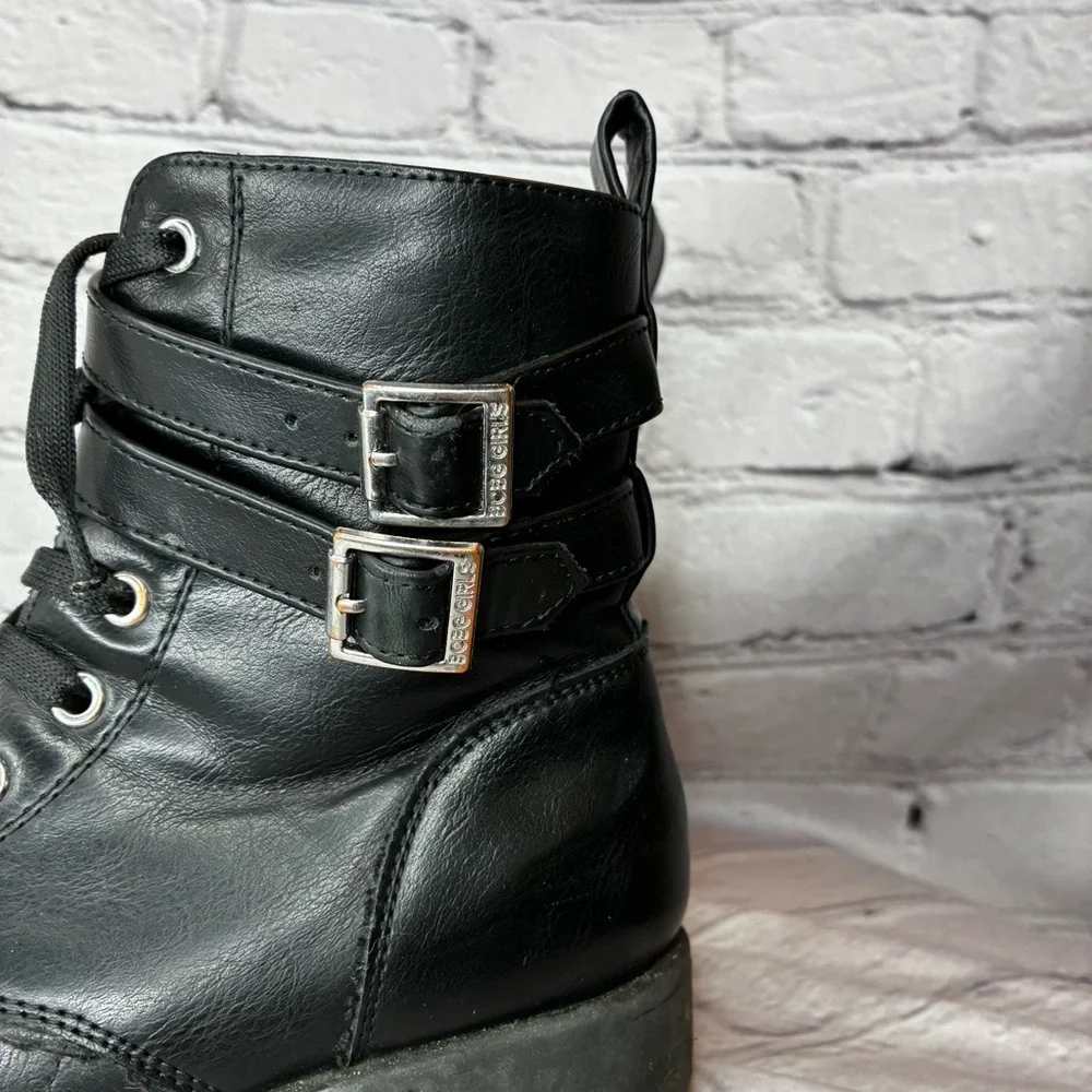 5/$20 BCBGirls Adrianna Black Side Zip Up Combat Moto Boots Buckles Sz 2 AS IS‎